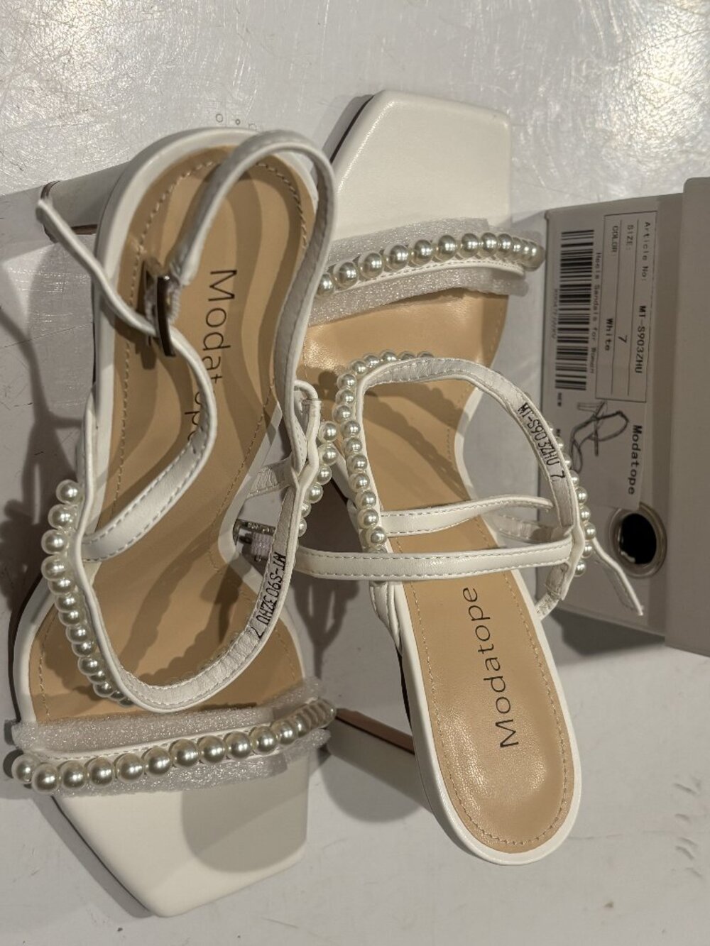 Modatope White Pearls Strappy Sandals - Women Open Toe High Heel Sandals Size 7
